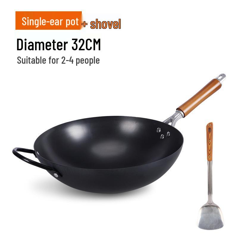 Old-Fashioned Non-Coated Cast Iron Wok, Round Bottom, Non-Slip, Non-Stick, Gas Stove Compatible, Nitrided Fine Iron.