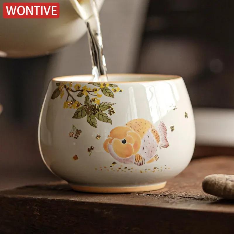 Golden Guifu Carp Teacup Travel Personal Meditation Cup Handmade Ceramic Tea Bowl Pu'er Master Cup Household Tea Set Accessories