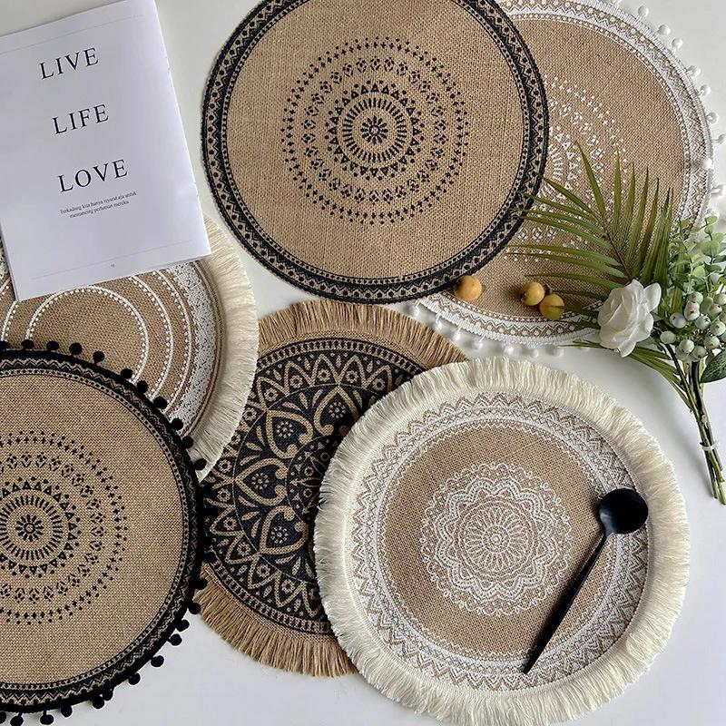 Boho Round Placemat 15 Inch,Farmhouse Woven Jute Fringe TableMats with Pompom Tassel Place Mat for Dining Room INS Table Decors