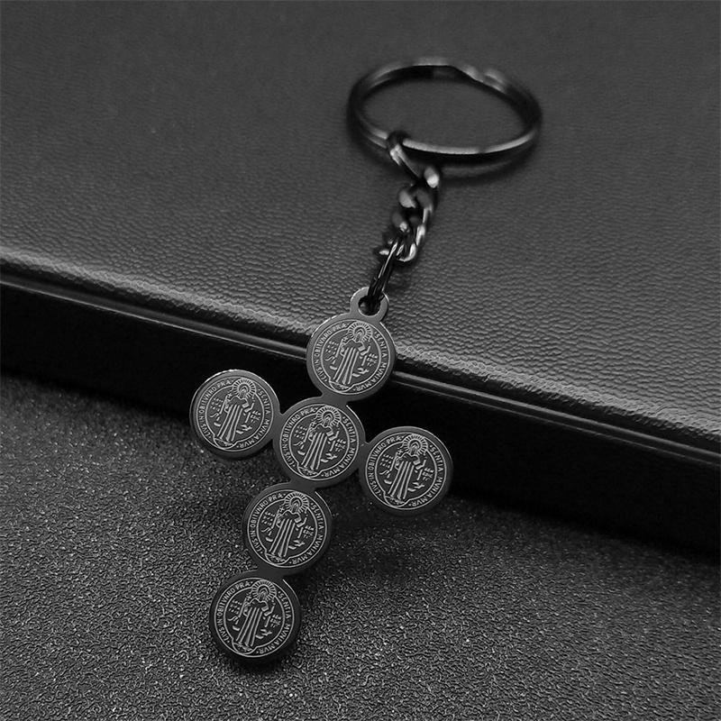 Saint Benedict Cross Key Ring for Women Men Stainless Steel Gold Color Catholic Faith Key Chain Jewelry llaveros K6230S02