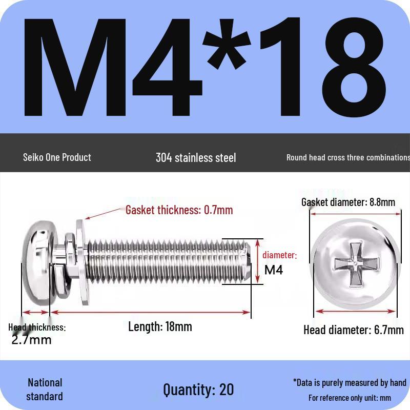 304 Stainless Steel Round Head Phillips Screw with Flat Washer (Sizes M3, M4, M5, M6)
