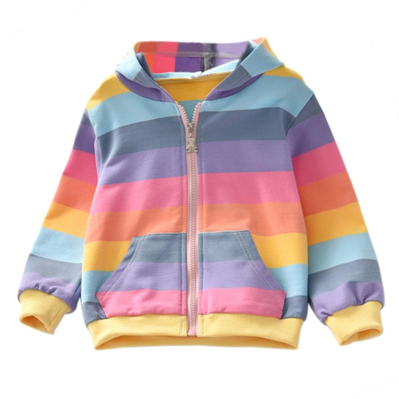 Vår Høst Baby Jente Yttertøy Regnbuestripet Casual Hettegenser Glidelås Genser Barnefrakk Antrekk Topper 2-6T
