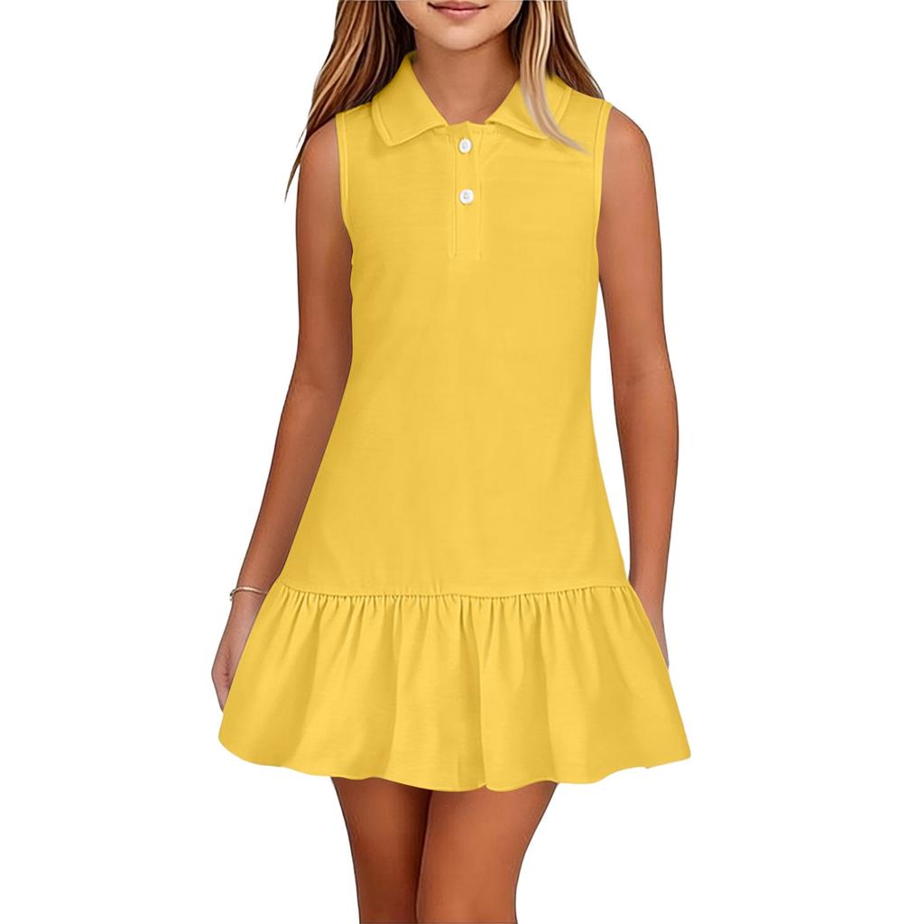 Vestito polo senza maniche per bambina, casual, da indossare tutti i giorni, con colletto e orlo a balze, vestibilità comoda, vestito estivo per bambini