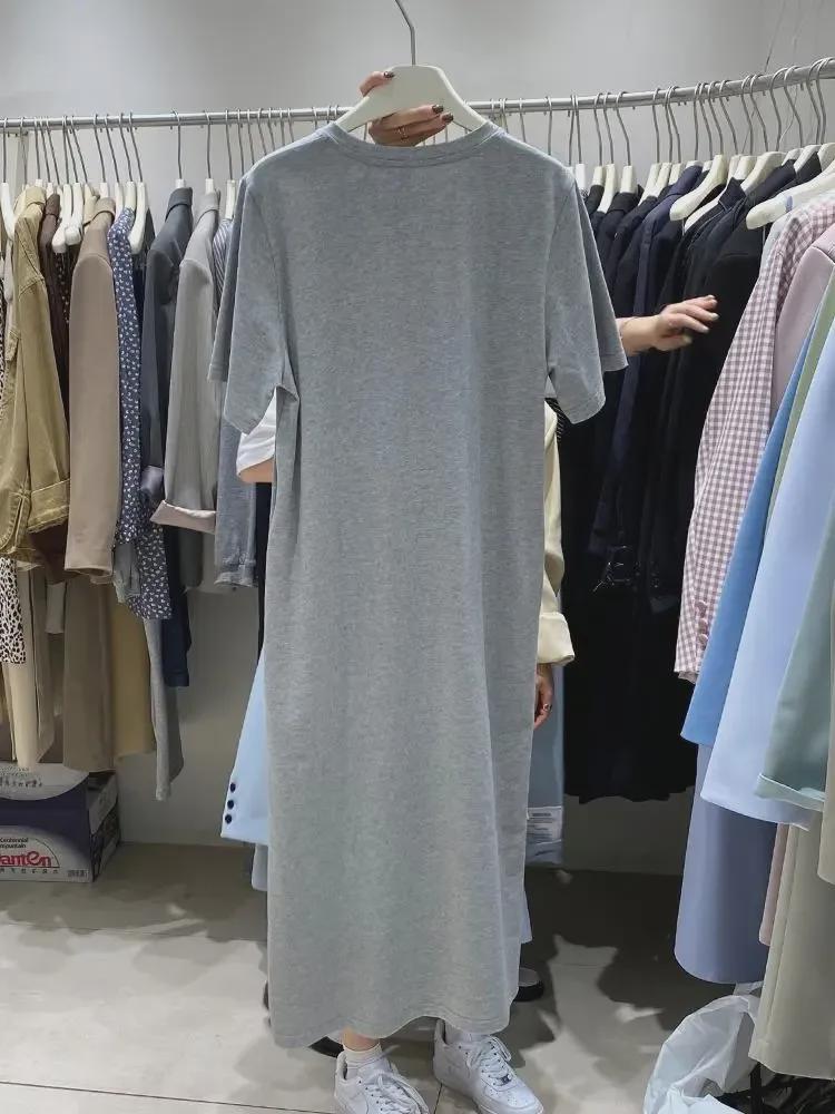 Women's Mid-Length Short Sleeve T-Shirt Dress, 2022 Korean Chic, Loose Casual Solid Color Style.