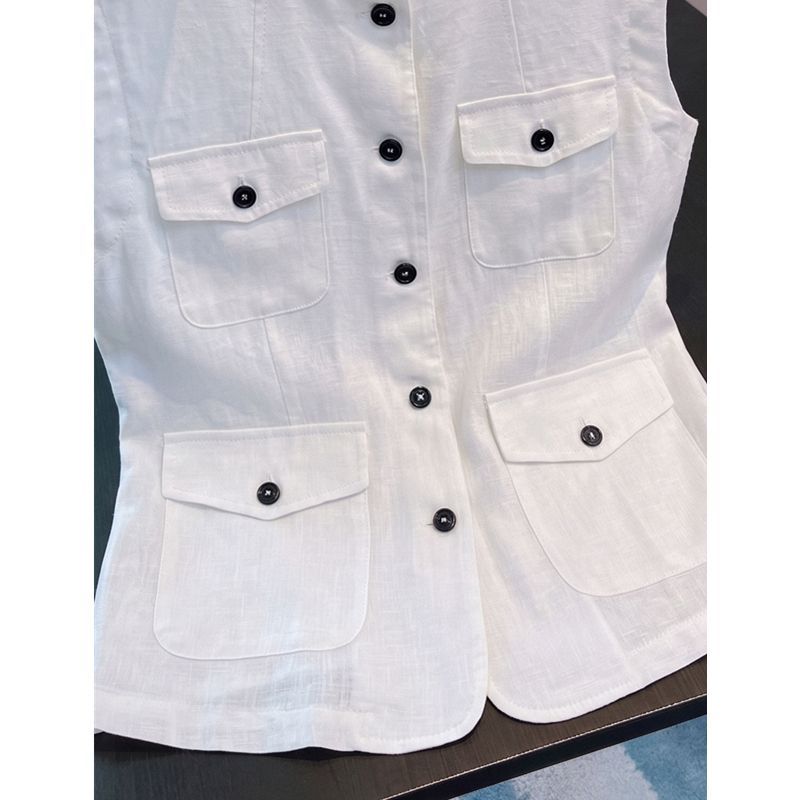 Summer Women Sleeveless White Waistcoat High End Texture Cotton Linen Stand Collar Old Money Style Outer Vest