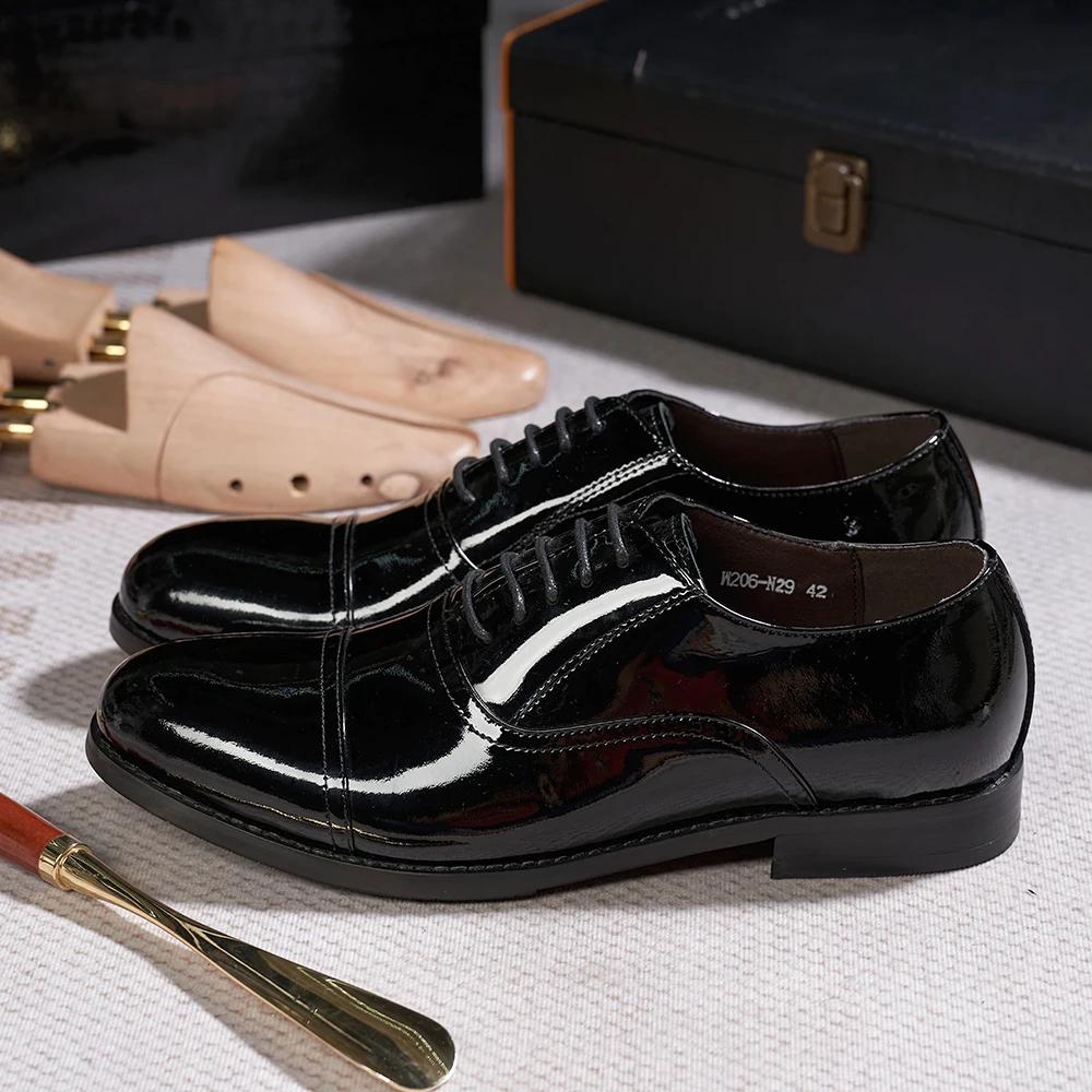 Fashion Luxury Mens Oxfords Genuine Patent Leather Solid Cap Toe Wedding Party Dress Shoes for Men Lace-Up Career Office Formal Footwear