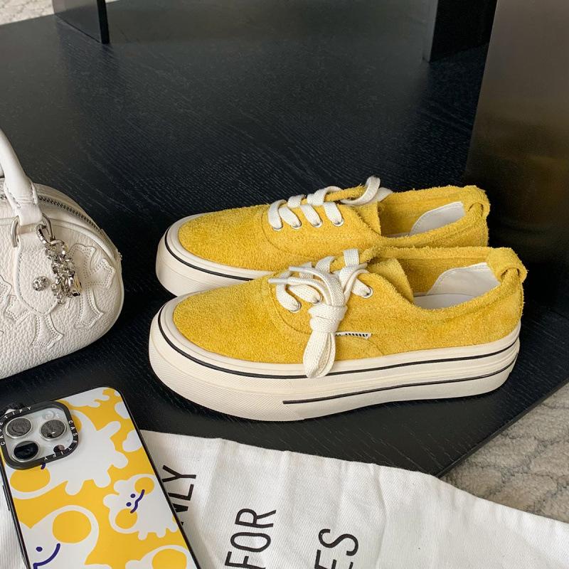 New leather soft cow velvet round head lace-up casual style thick-soled lace-up board shoes women