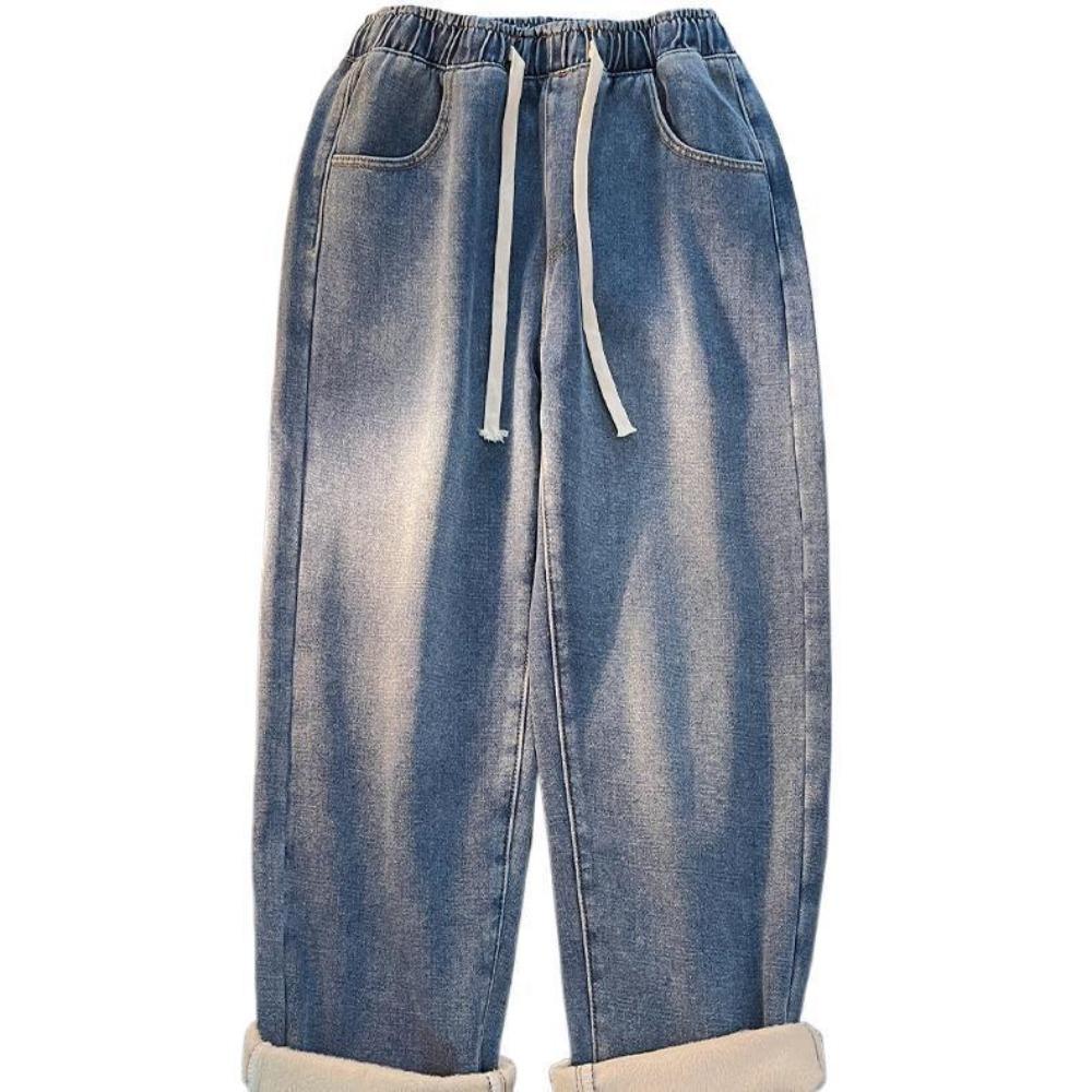 Stilvolle Damen-Winterjeans, Verdickte Denim-Hose mit Fleecefutter und Kordelzug-Taille, Bequeme Freizeitjeans für Alltag & Ausflüge