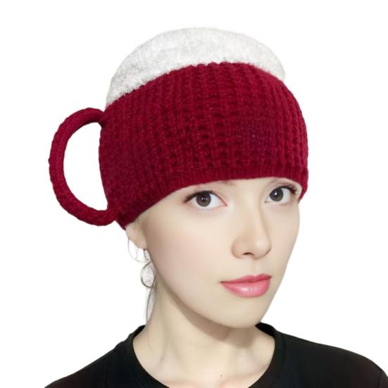 Beer Mug Leg Warmers Funny Hat, Novelty Knitted Unique 3D Cup Headwear with Handles, Winter Warm Gloves for Adults, Men And Women Cozy Thanksgiving