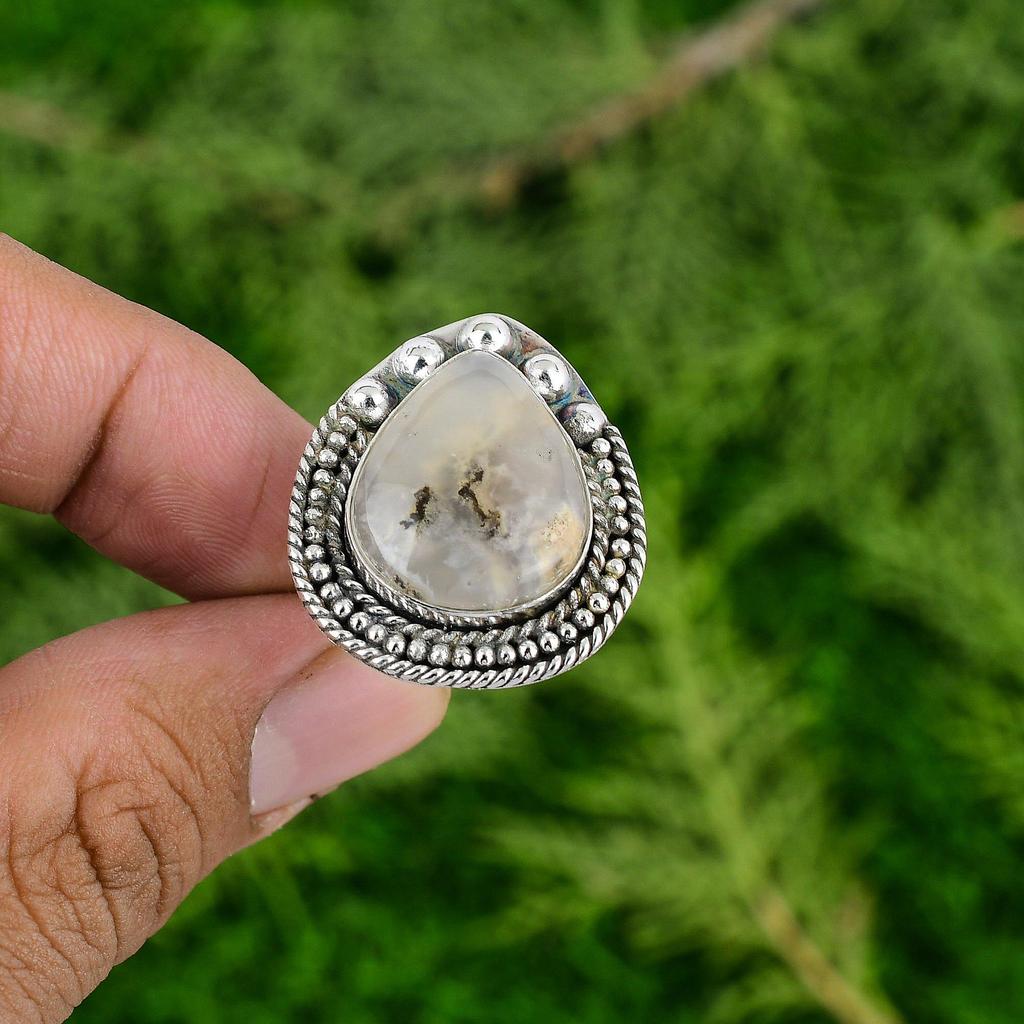 Thanks Giving Day Deal Natural Plume Agate 925 Silver Promise Sister Bezel Ring