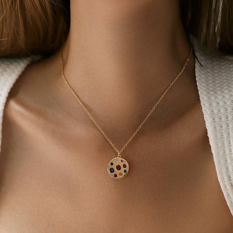 K Gold Plated Brass O Chain Round Pendant Colored Zircon Women Clavicle Necklace