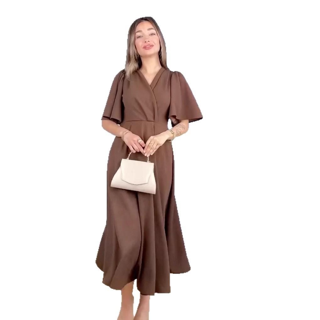 2025 Summer New Women's V-neck Solid Color Waist-cinching Dress