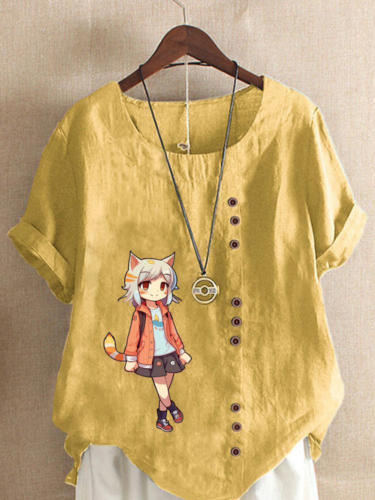 Women's Fashion Cute Girl Print Shot Sleeve T-shirt Loose Cotton Shirt Casual Loose Summer Blouse Tops Plus Size