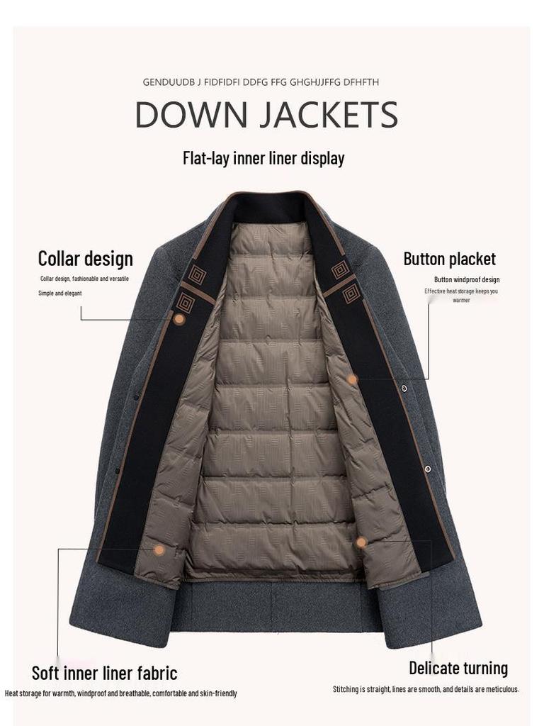 Men's Winter Wool Coat with Scarf Collar - Business Casual, Detachable Double-Sided Design, 90% Goose Down Liner