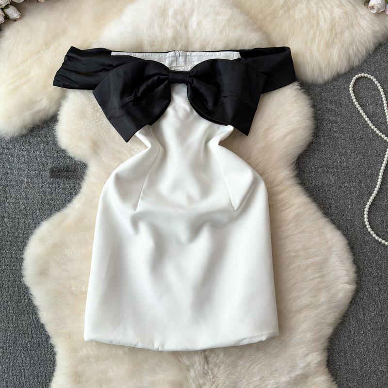 

Hepburn Style French Style Bow Graceful Tube Top Dress Women s Summer Classy Sexy off-the-Shoulder Sheath Dress White L