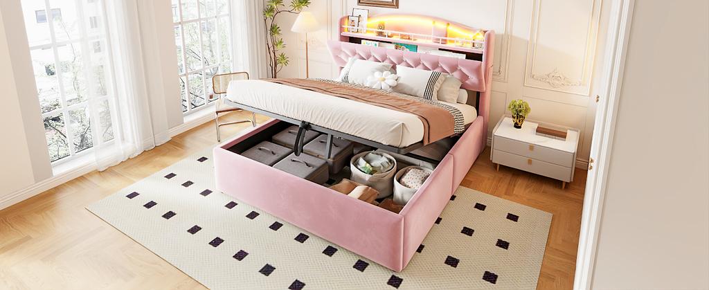 Upholstered Bed 140 X 200 Cm, Hydraulic Storage, Velvet Cover, LED Headboard Light, USB & USB-C Charging, Headboard Storage, Metal Bed Base, Pink