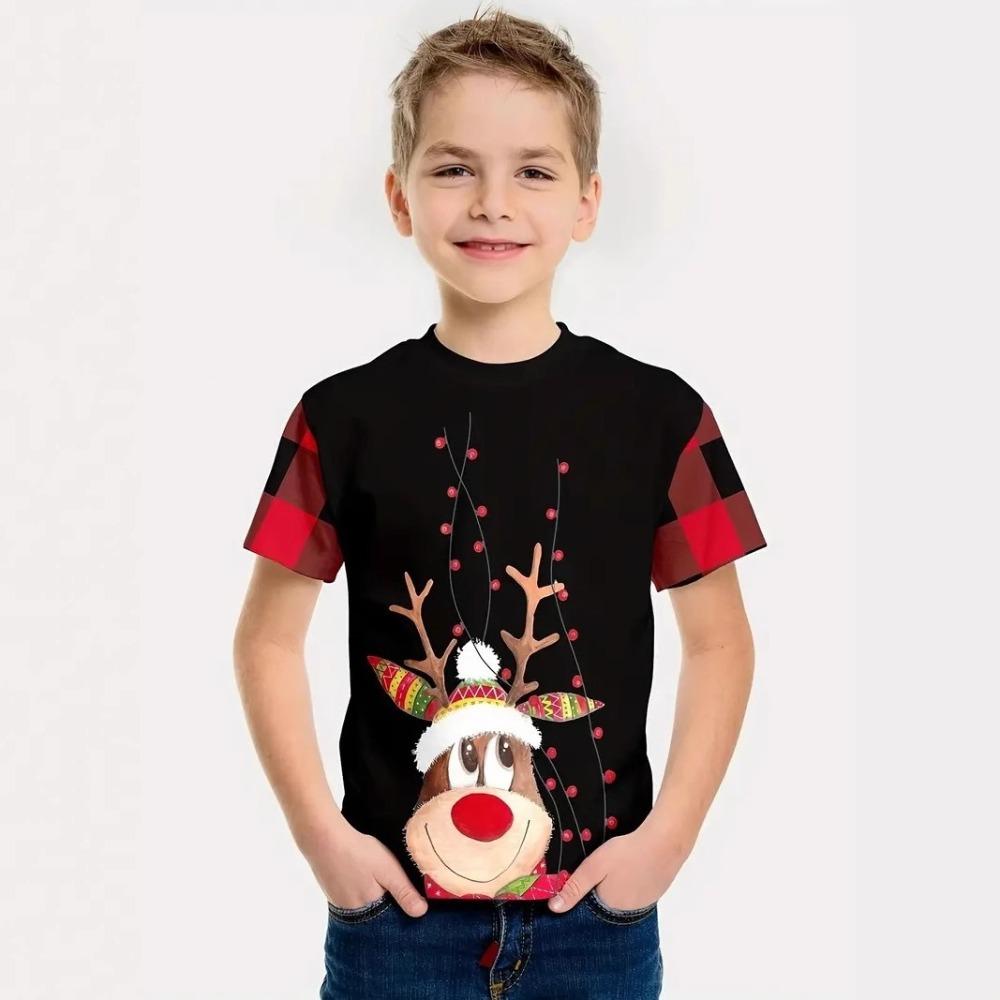 Fashionable Summer Children's T-shirt Colorful Christmas Collection Animals Printing Soft Comfortable Breathable Round Neck Short Sleeved T-shirt