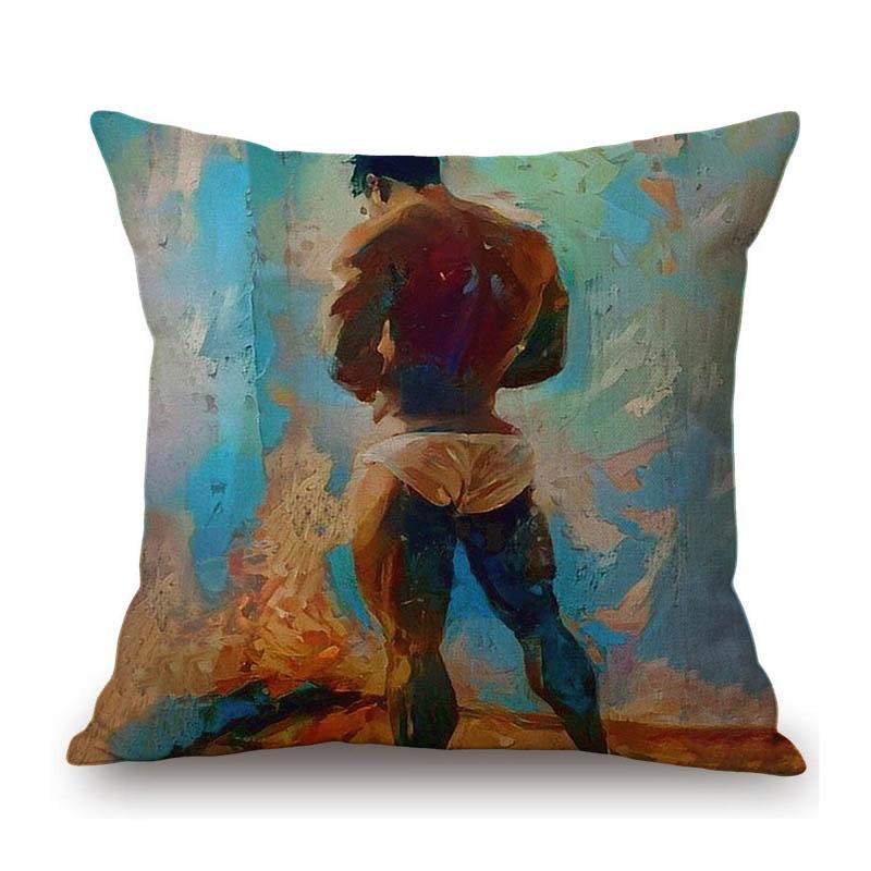 Handsome Sexy Muscle Hormone Body Man Hottest Guy Colored Oil Painting Decorative Sofa Throw Pillow Case Linen Cushion Cover