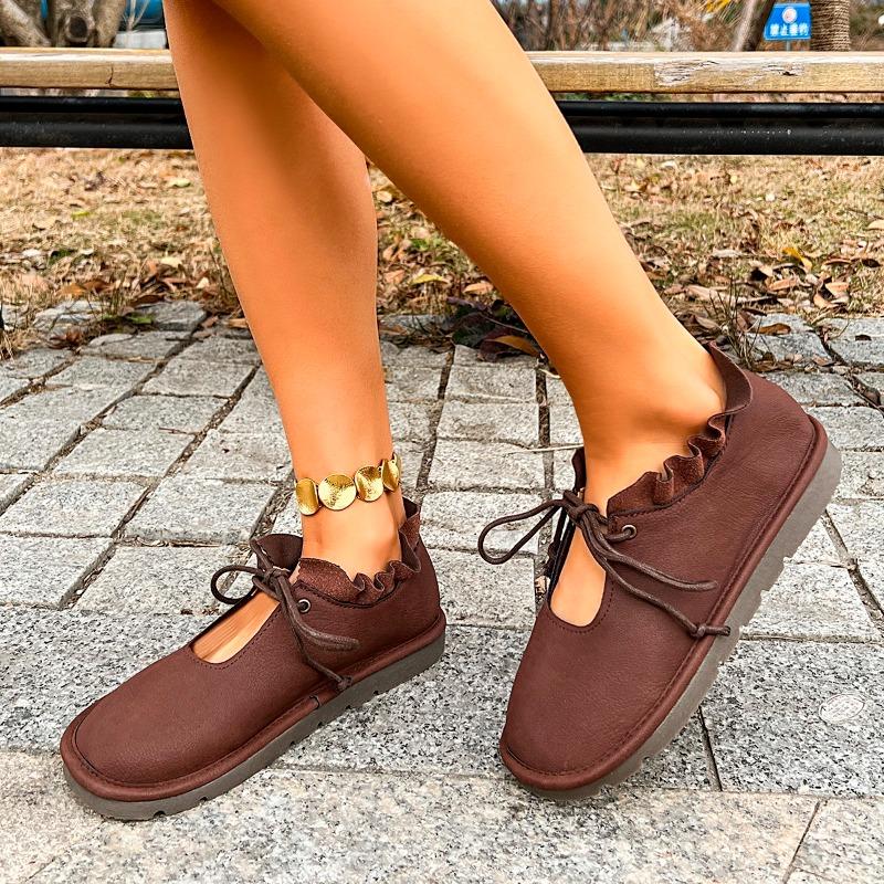 

Fashion Soft Bottom Flat Shoes Spring New Round Head Shallow Mouth Front Strap Wooden Ear Border Slip Wear-resistant Single Shoes 35