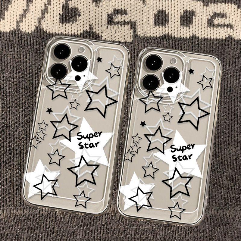 Black and White Hollow Stars for iPhone17promax Space Phone Case 16 Apple 13 All-inclusive 15 Transparent Xs
