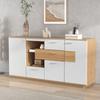 Credenza Moderna con Ampio Spazio di Archiviazione, con Illuminazione LED, 160x40x77cm, 2 Ante, 4 Cassetti, Ripiano in Vetro, Effetto Legno, Bianco.