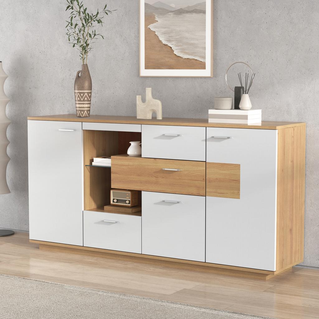 Credenza Moderna con Ampio Spazio di Archiviazione, con Illuminazione LED, 160x40x77cm, 2 Ante, 4 Cassetti, Ripiano in Vetro, Effetto Legno, Bianco.