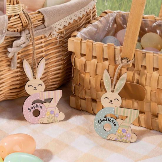 Yousheng 67 Bunny Easter Basket Tag Wooden Bunny Hanging Tag Funny Six Seven Rabbit Farmhouse Easter Sign for Spring Party Supplies