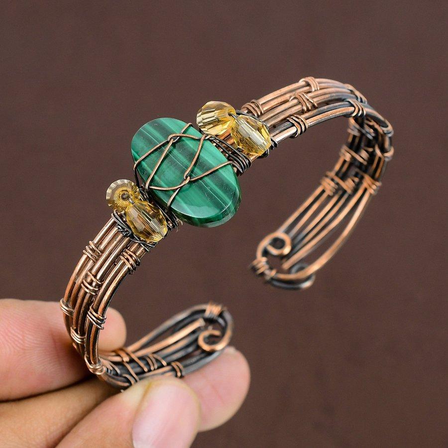 Malachite Handmade Copper Wire Wrap Cuff Bangle Adjustable R0N42