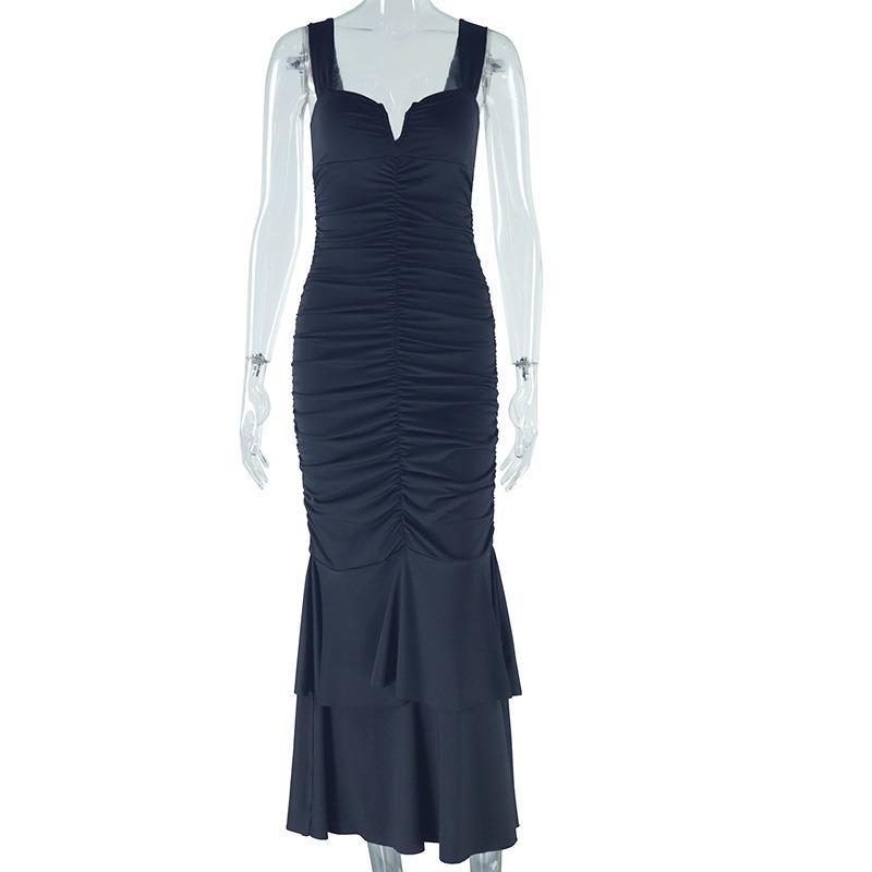 Women's Tight Strap Dress Solid Color Sleeveless Patchwork Mesh Pullover Pleated Backless Street Fishtail Dress