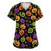 Women's V-Neck Short Sleeve Scrub Top with Pockets - Halloween Print Caregiver Work Shirt for , , and Uniform