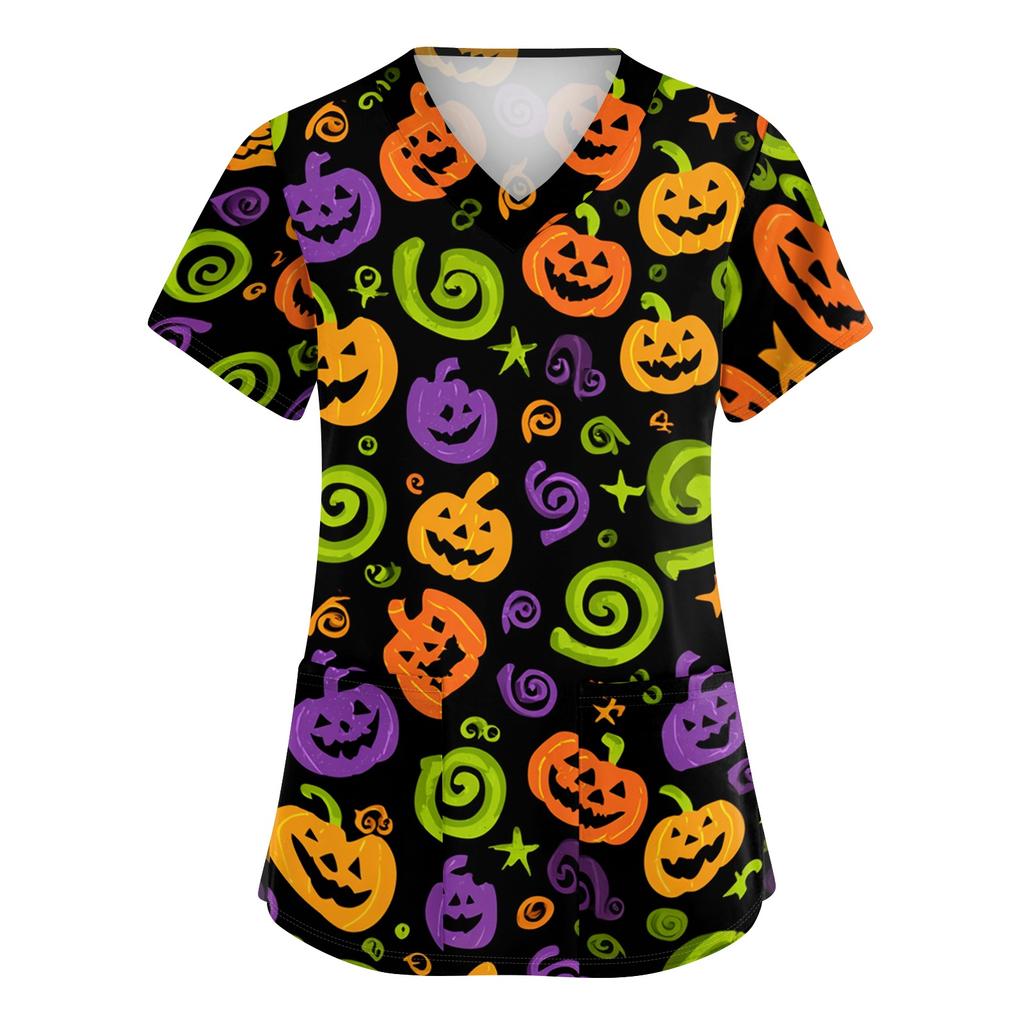 Women's V-Neck Short Sleeve Scrub Top with Pockets - Halloween Print Caregiver Work Shirt for , , and Uniform