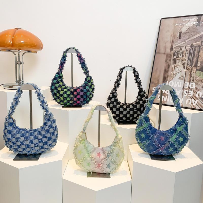 Summer Fabric Personality 2025 New Casual Fashion Large Capacity Canvas Plaid Simple Shoulder Crossbody Armpit Bag