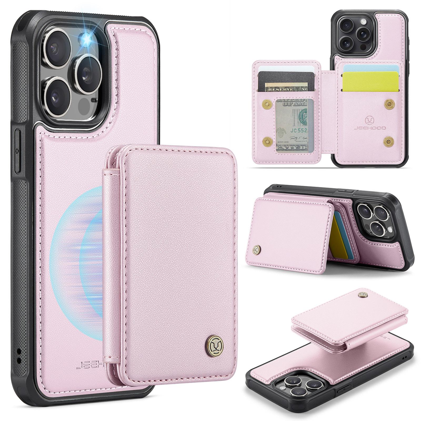 

For iPhone 13 Pro Max Case Leather Mobile Cover with Detachable Magnetic Card Bag Pink