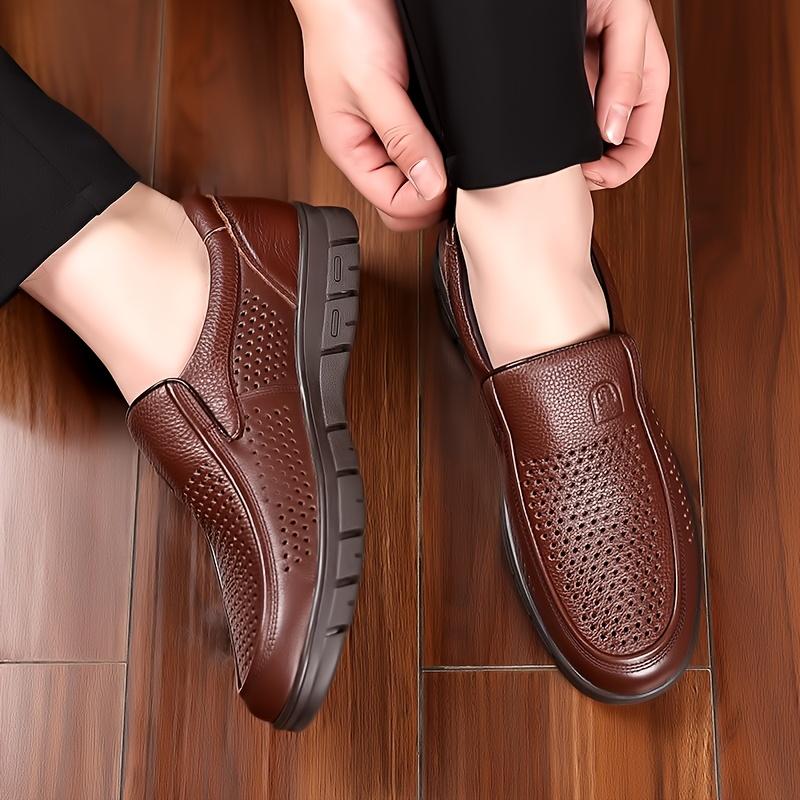 Men's Summer Shoes, Perforated Breathable Business Casual Slip-On Shoes with Soft Sole, Comfortable and Wear-Resistant Driving Shoes