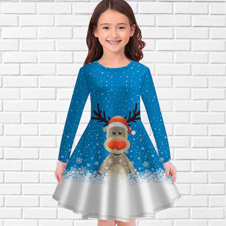 Girl Casual Christmas Reindeer Print Round Neck Long Sleeve Dress Kid Princess Dress