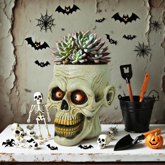 Skull Flower Pot Resin Human Skull Planter Halloween Candy Bowl Gothic Plant Pot for Succulents Home Office Desk Decoration
