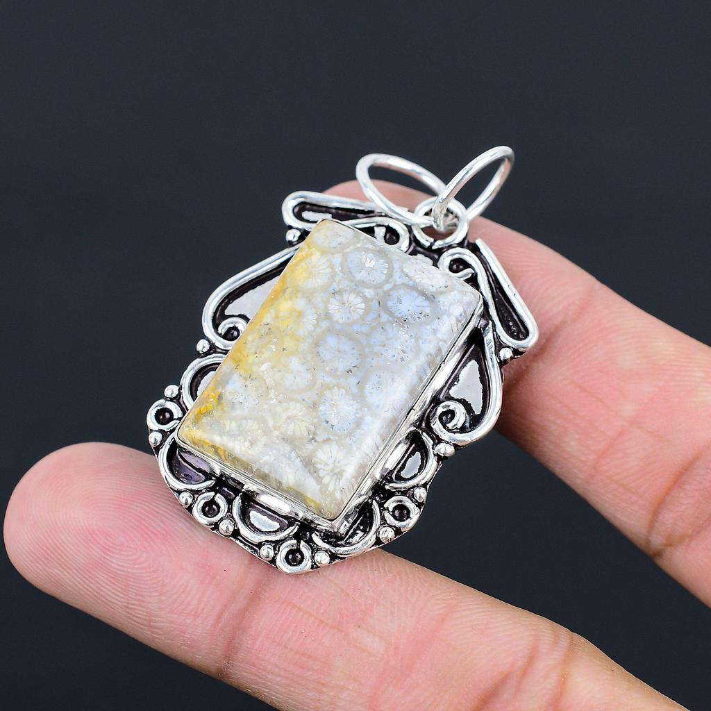 Natural Fossil Coral Gemstone Pendant 925 Sterling Silver Indian Jewelry