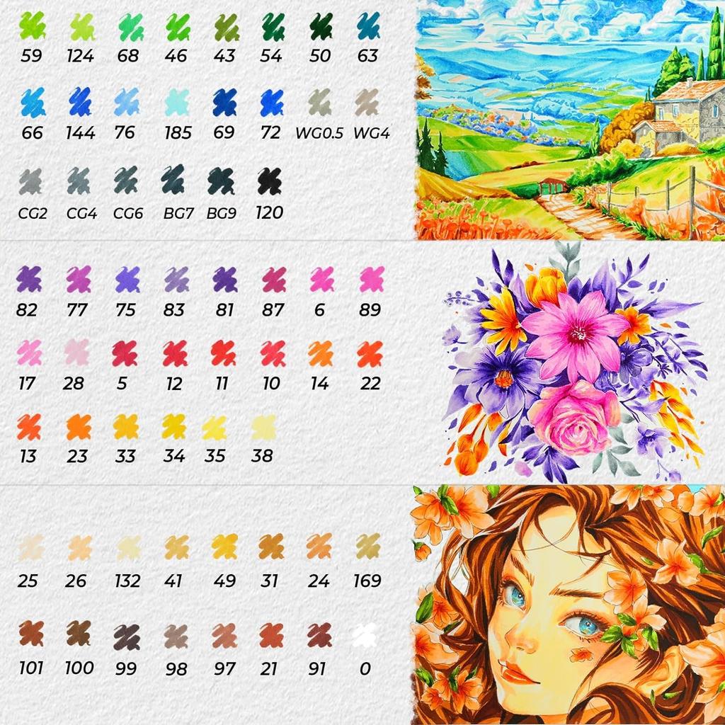 Markery artystyczne Ohuhu 60 sztuk w 59 kolorach z pędzelkiem, akwarelowe, idealne do kolorowania obrazków, z etui do przechowywania. Markery na bazie wody, Kolory, Końcówka, Marker, Na bazie wody