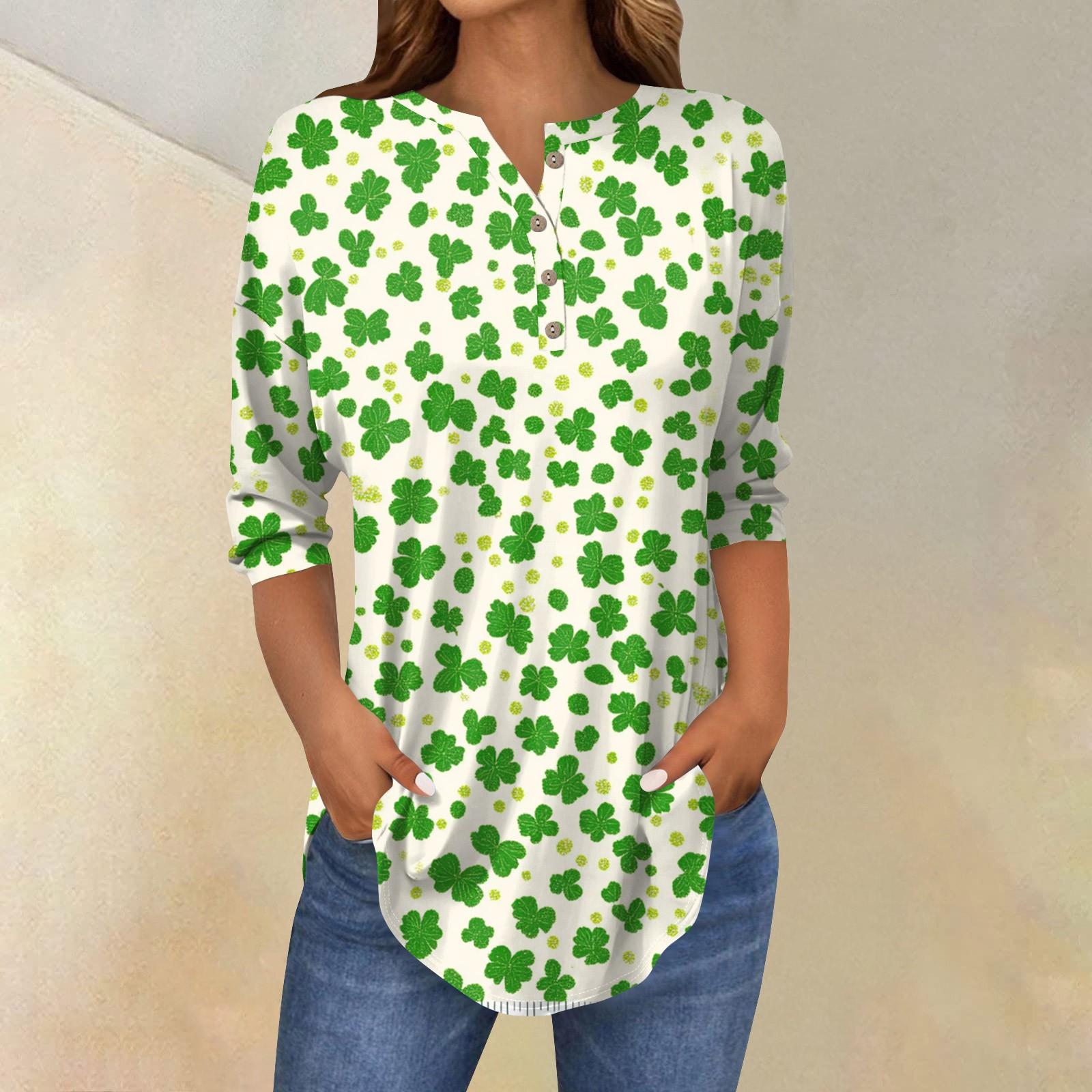 

Women s Loose Button Collar Semana Print Three-quarter Sleeve T-shirt Shirt S ціан