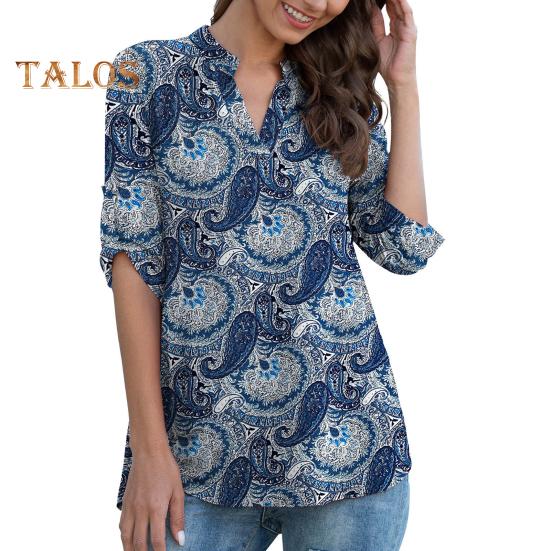Women Shirt V-neck 3/4 Roll-Up Sleeves Lightweight Tops Flower Print Flowy Hem Tunic Tops Daily Wear