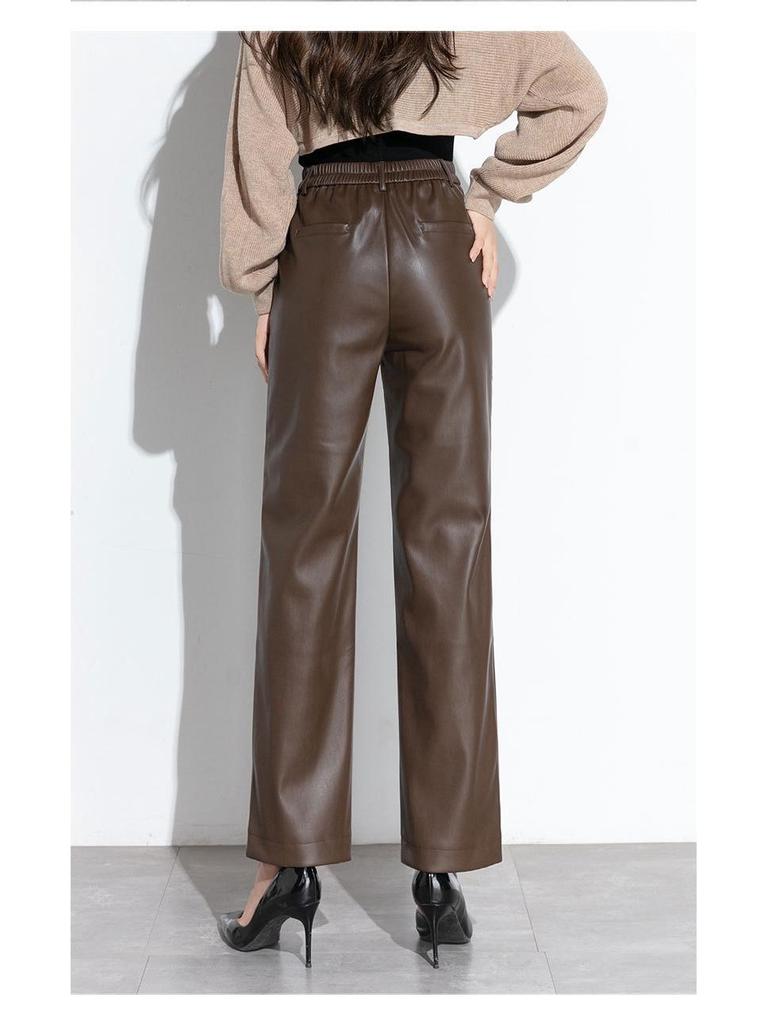 Haining Women's 2025 High-Waist Leather Pants: Slimming, Wide-Leg, Pure Sheepskin, Casual Style