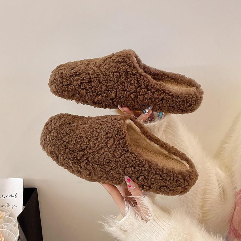 Chaussures de Mode en Laine pour Femmes Port Semelle Plateforme Slip-on Baotou Demi-Pantoufles Automne 2025 Velours Coton Serpillère