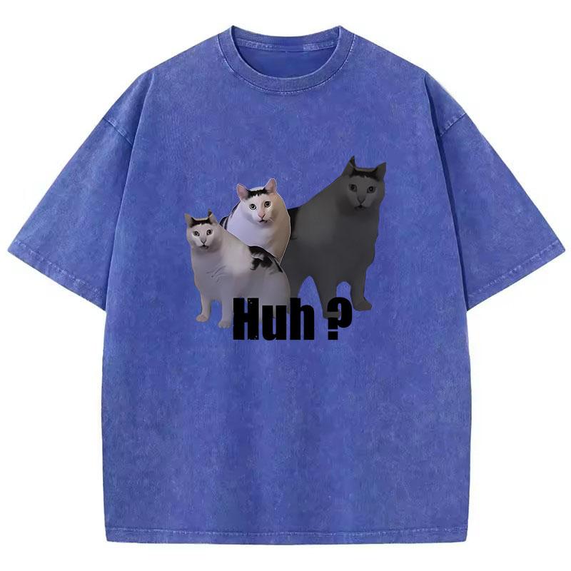 T Shirt Vintage Washed Cotton T-Shirt Black Cat Saying Huh? Graphic Tee Casual Streetwear Spring Summer Fall