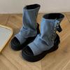 Trendy black retro British style platform sandals women's 2025 new summer thin open-toed casual cowboy boots