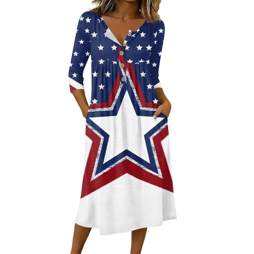 Women Casual 3/4 Sleeve Button Neck Mid Length Dress Floral Print American Flag Pattern Loose Fit Dress with Pockets