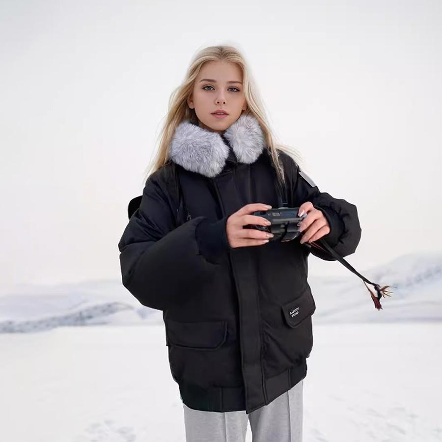 Doudoune à Capuche Zippée Femme - Courte, Oversize, Manches Longues, Poches - Chaude Et Décontractée