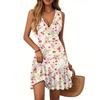 Women's Dress V-neck Sleeveless Casual Floral Print Hem Pleated Dress