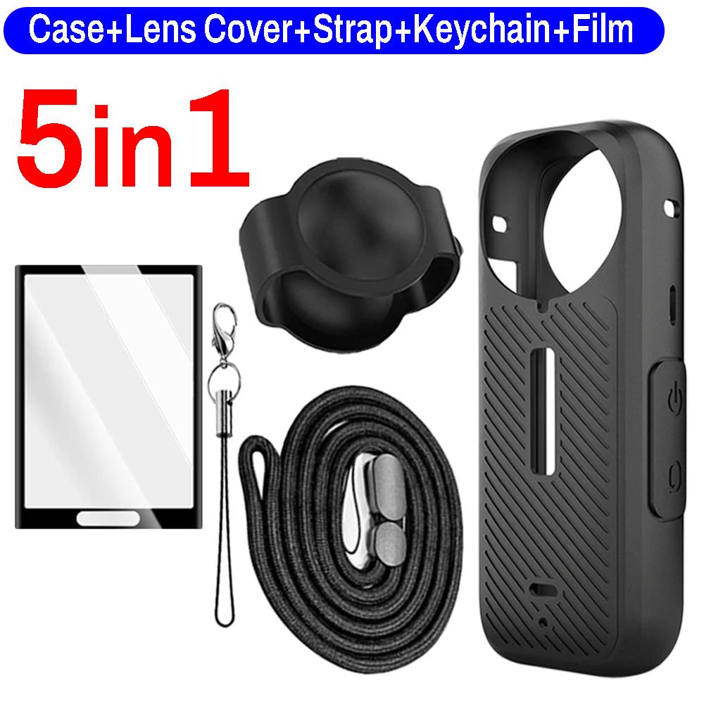 5in1 Silicone Case Lens Protective Cover Strap Keychain for Insta 360 X5 Shell Len Cap HD Anti-Scratch Soft Film for Insta360 X5