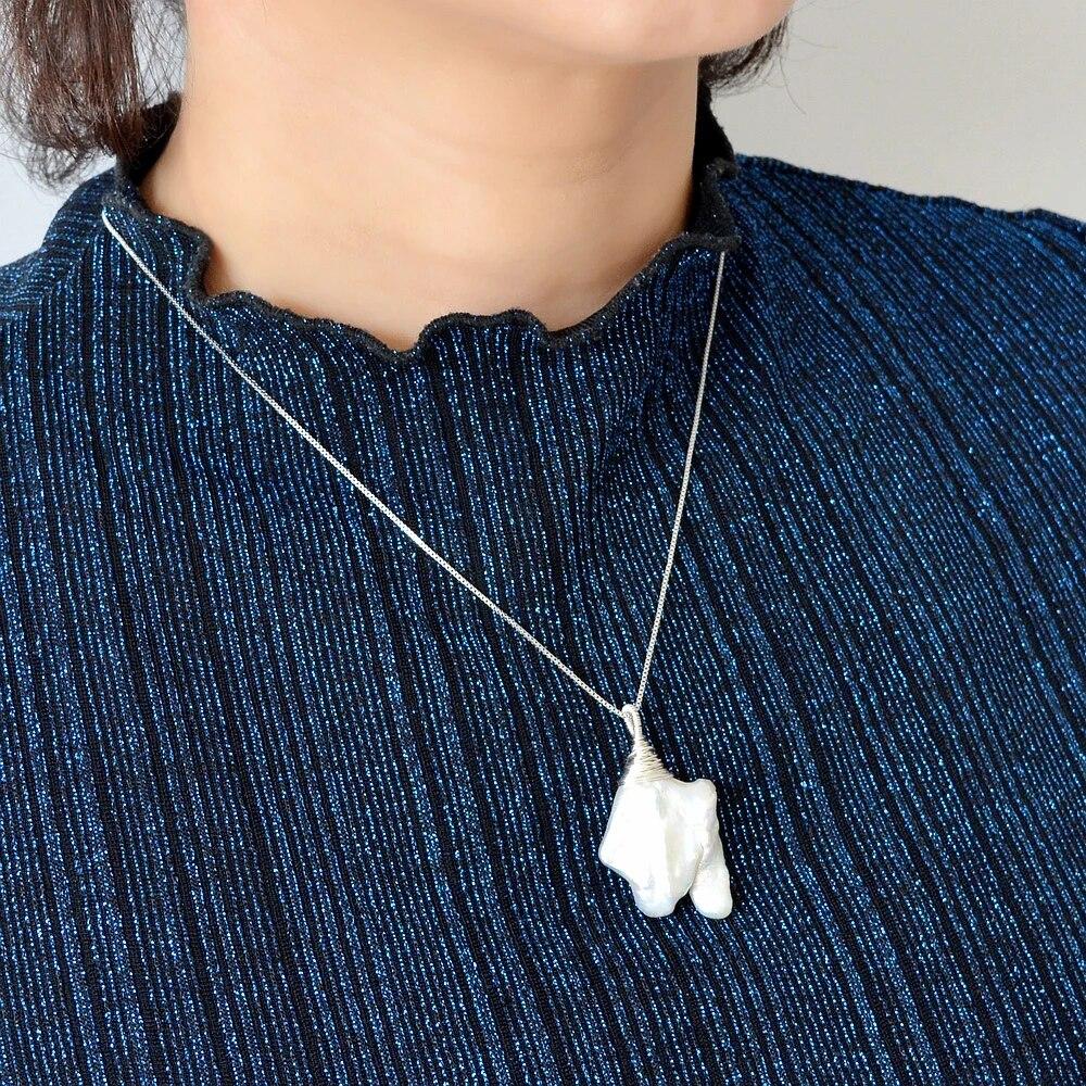Large Pearl Pendant Natural White Freshwater Pearl Irregular Shape Handmade Silver Pendant Necklace Women's Silver Necklace