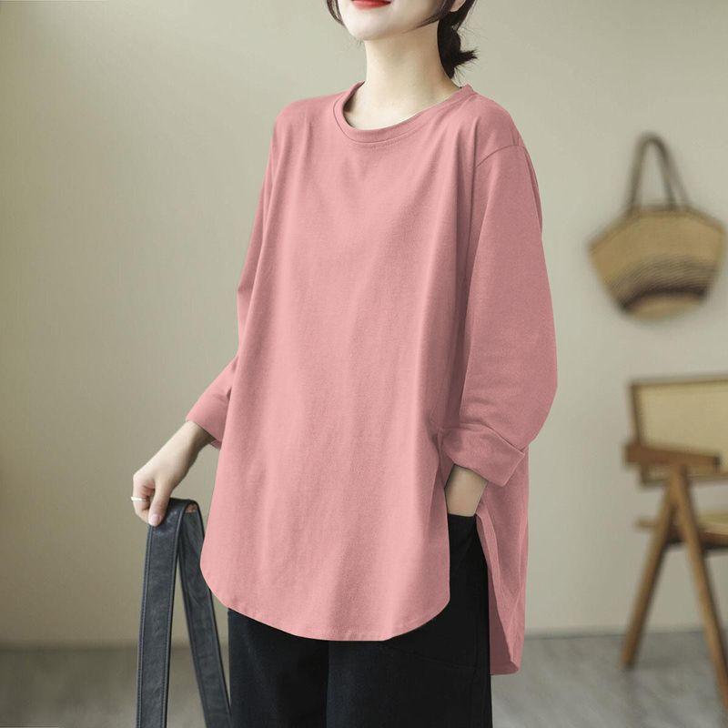 

Brand Foreign Trade Women clothes Japan fashion Pure Cotton 100% round Neck Top Artistic Retro All-Match Casual Long sleeve Inner wear T-shirt Pink pure color] XL